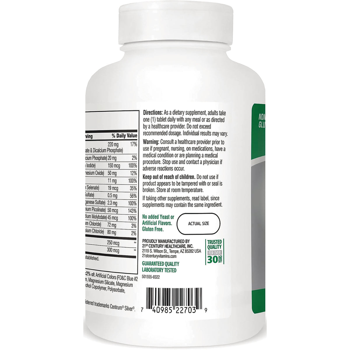 CNT146 | Back of white supplement bottle showing directions, warnings, nutrition facts panel and barcode