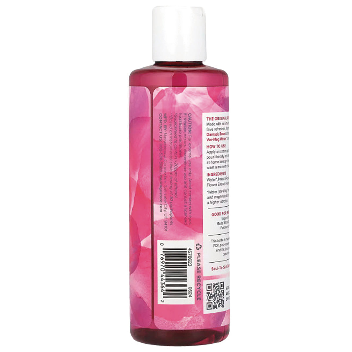 HTG001 | back of pink floral-labeled bottle showing ingredients panel and barcode