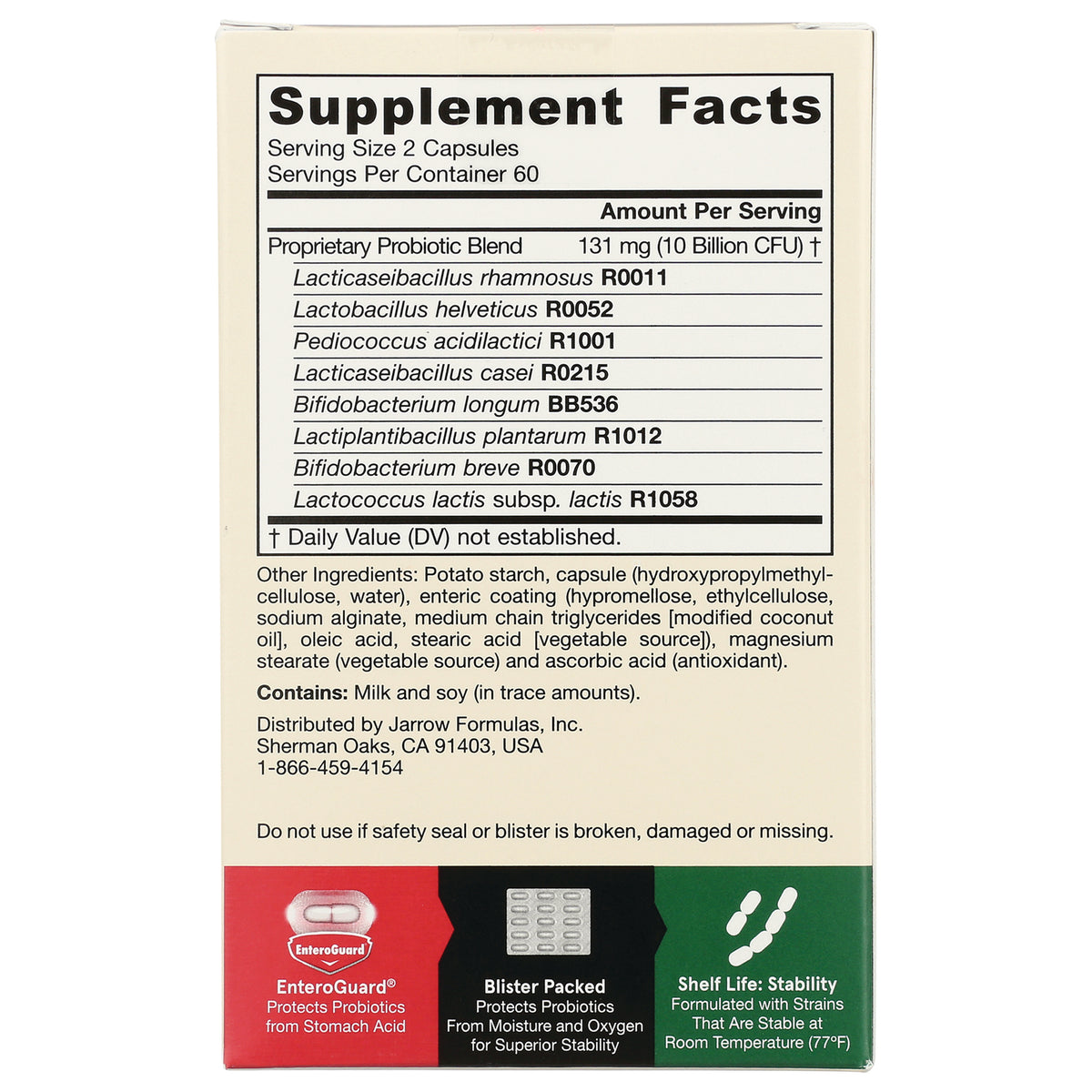 JR063 | Supplement Facts panel and ingredient list on probiotic box showing strains and serving size