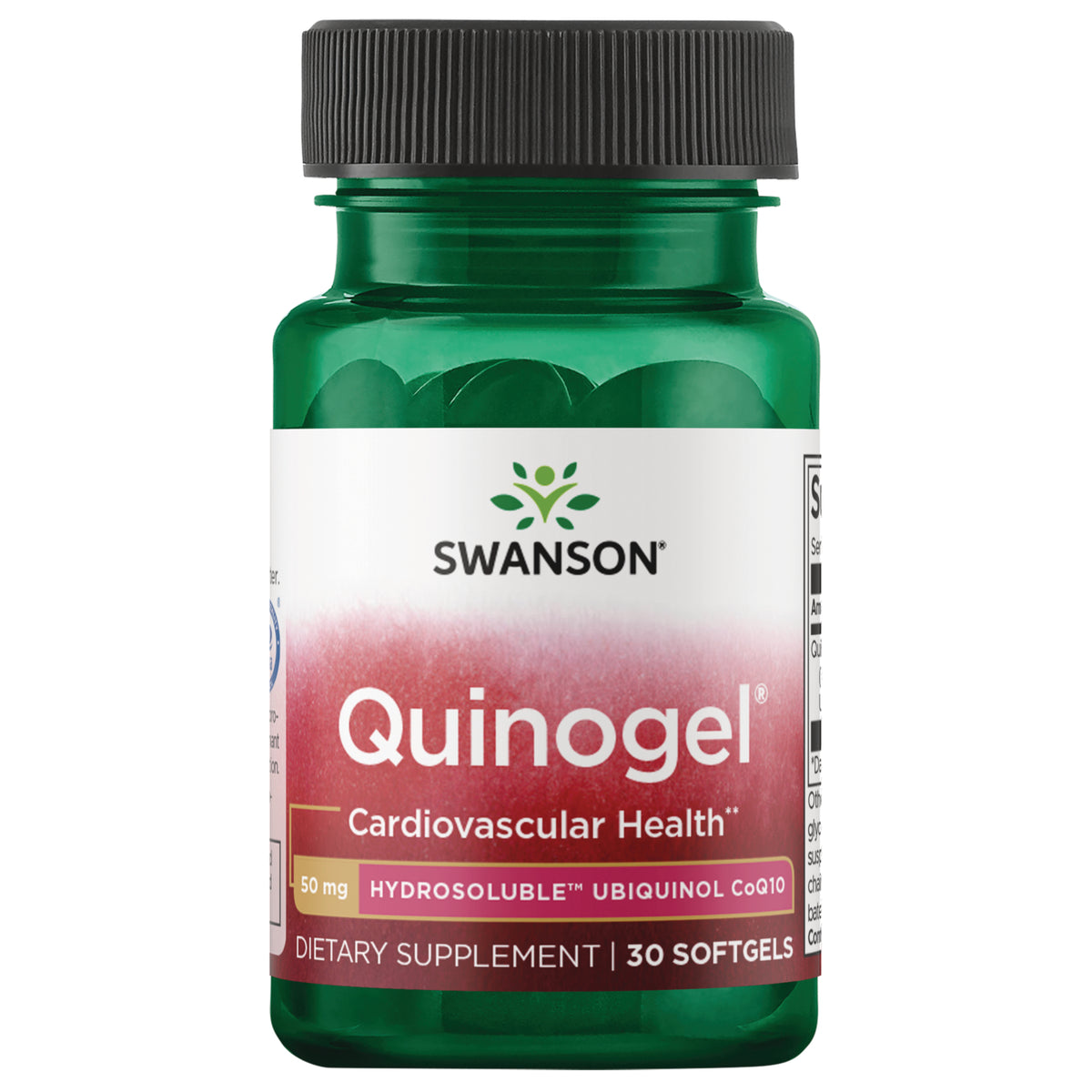 SWU543 | Four Swanson Quinogel bottles labeled Quinogel cardiovascular health, 30 softgels each || SWU543 | Three green Swanson Quinogel bottles, Cardiovascular Health softgels, 30 count each || SWU543 | Two Swanson Quinogel green bottles labeled Quinogel Cardiovascular Health 50 mg hydrosoluble ubiquinol CoQ10 30 softgels