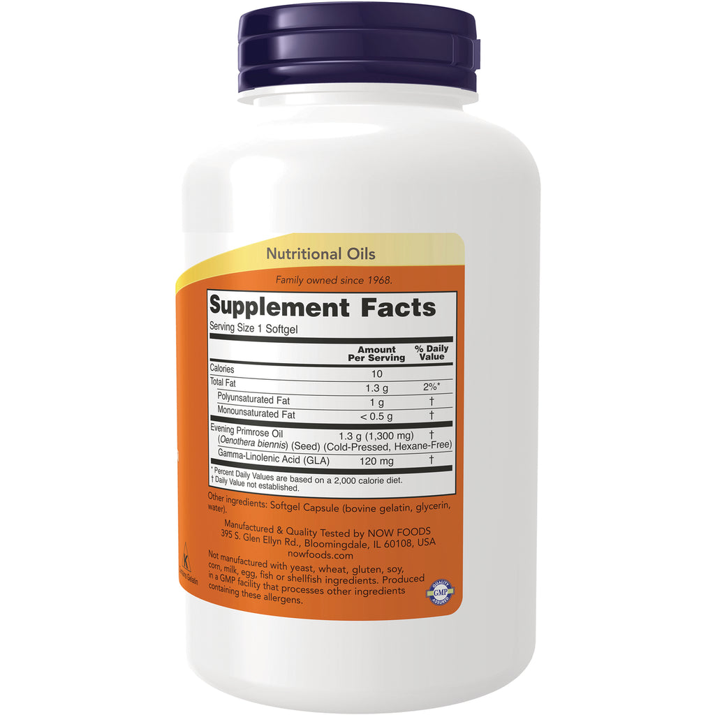 NWF353 | Back label of white supplement bottle showing Supplement Facts panel and Evening Primrose Oil ingredient details - Thumbnail