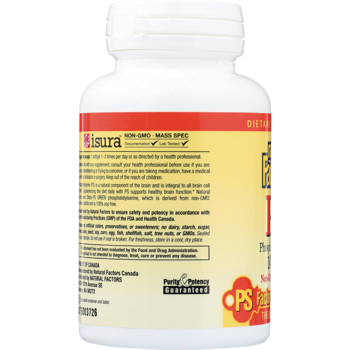 NFC025 | side panel of supplement bottle showing ingredients text and Purity & Potency Guaranteed badge