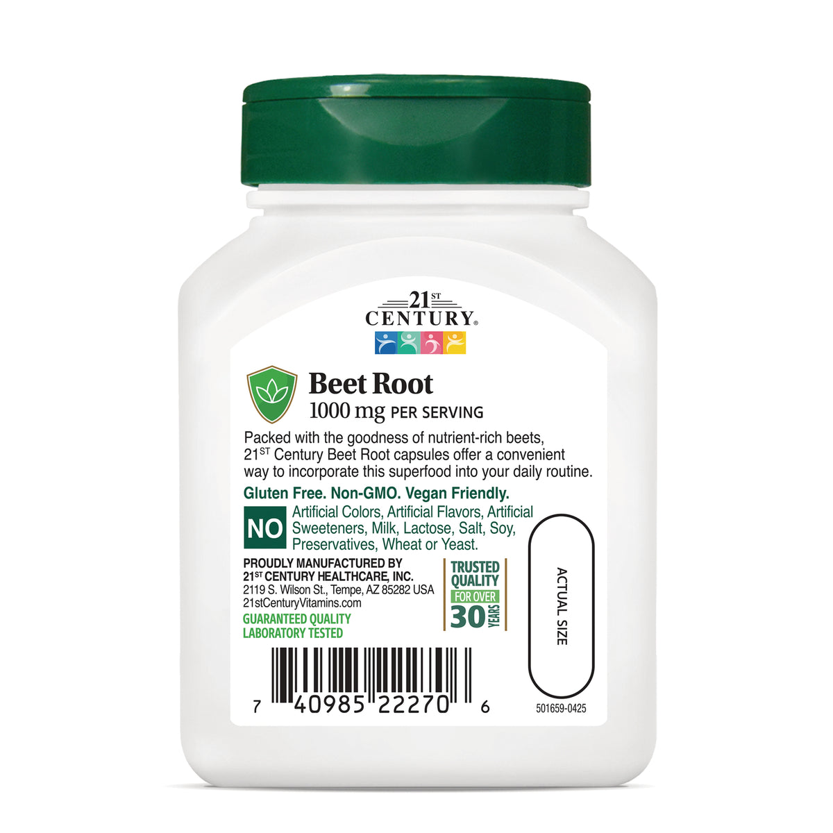CNT294 | Beet Root 1000 mg per serving supplement label showing 21st Century branding, gluten free Non-GMO vegan friendly, barcode