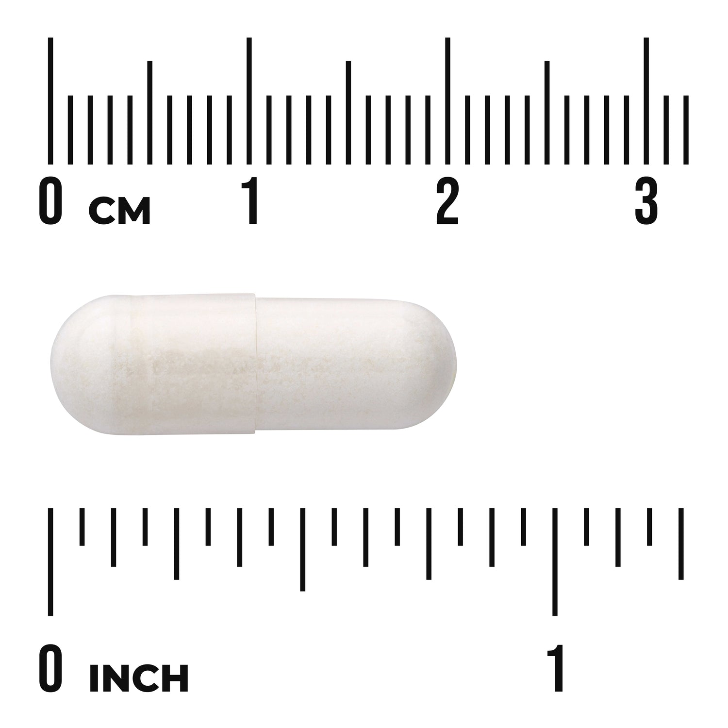 SW022 | White capsule shown with size scale in centimeters and inches