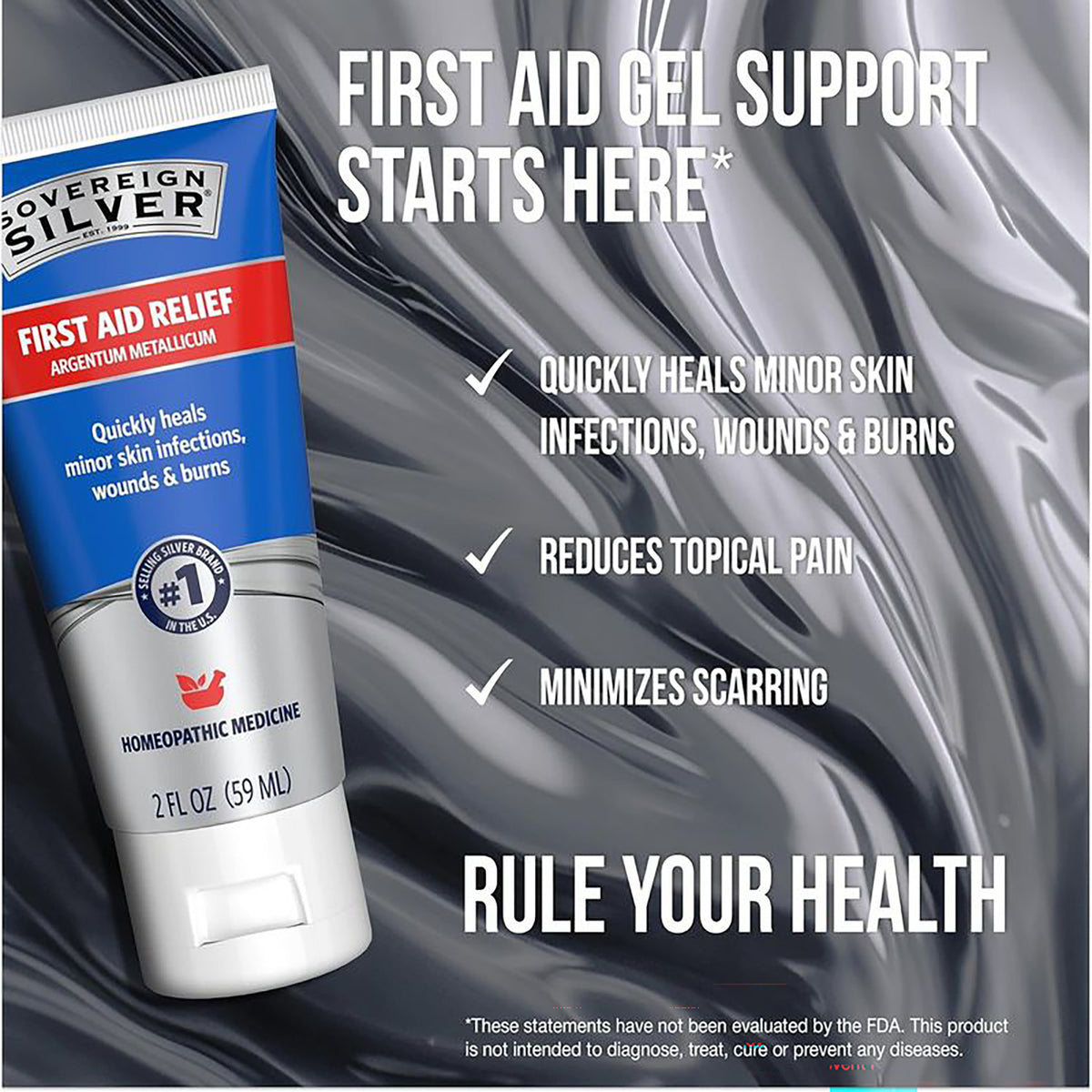 SSL004 | First Aid Relief gel tube with claims for minor skin infections, wounds, burns, and pain relief