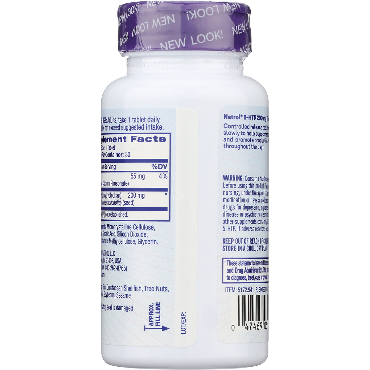 NA405 | Back of white supplement bottle showing Supplement Facts panel, warnings, barcode and purple cap labeled NEW LOOK!