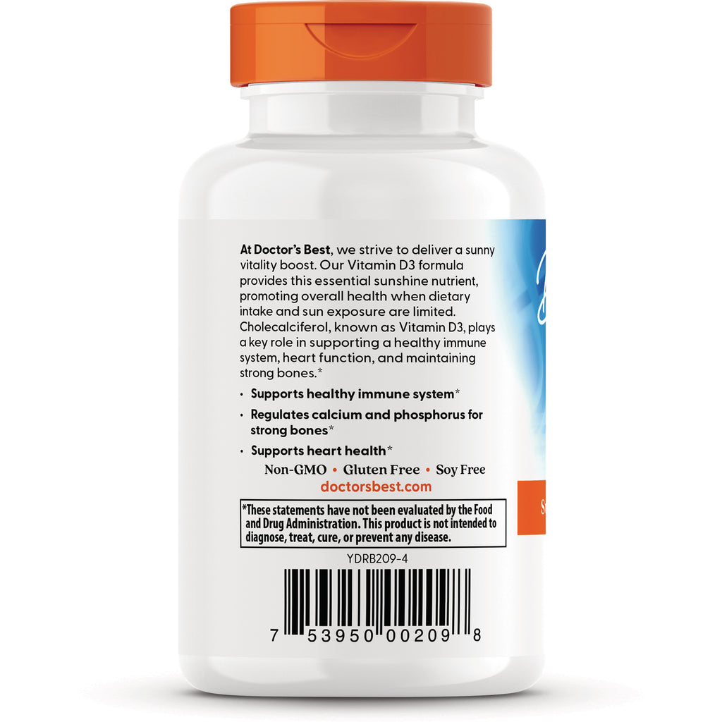 DB149 | back label of Doctor's Best vitamin D3 bottle showing product benefits, Non-GMO Gluten Free Soy Free claims, disclaimer and barcode - Thumbnail