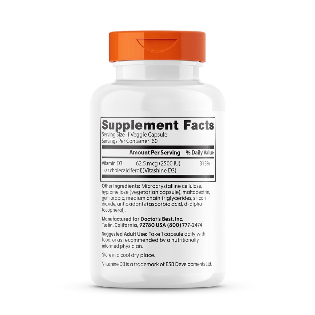 DB232 | back label of white supplement bottle showing Supplement Facts, Vitamin D3 62.5 mcg (2500 IU) and ingredients - Thumbnail