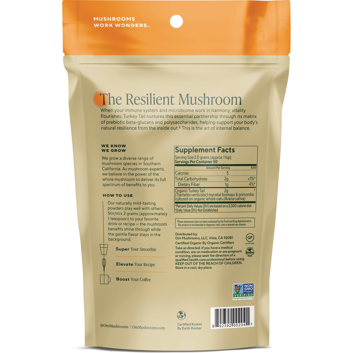 MMX011 | back of white pouch showing Turkey Tail branding, Supplement Facts panel and usage instructions