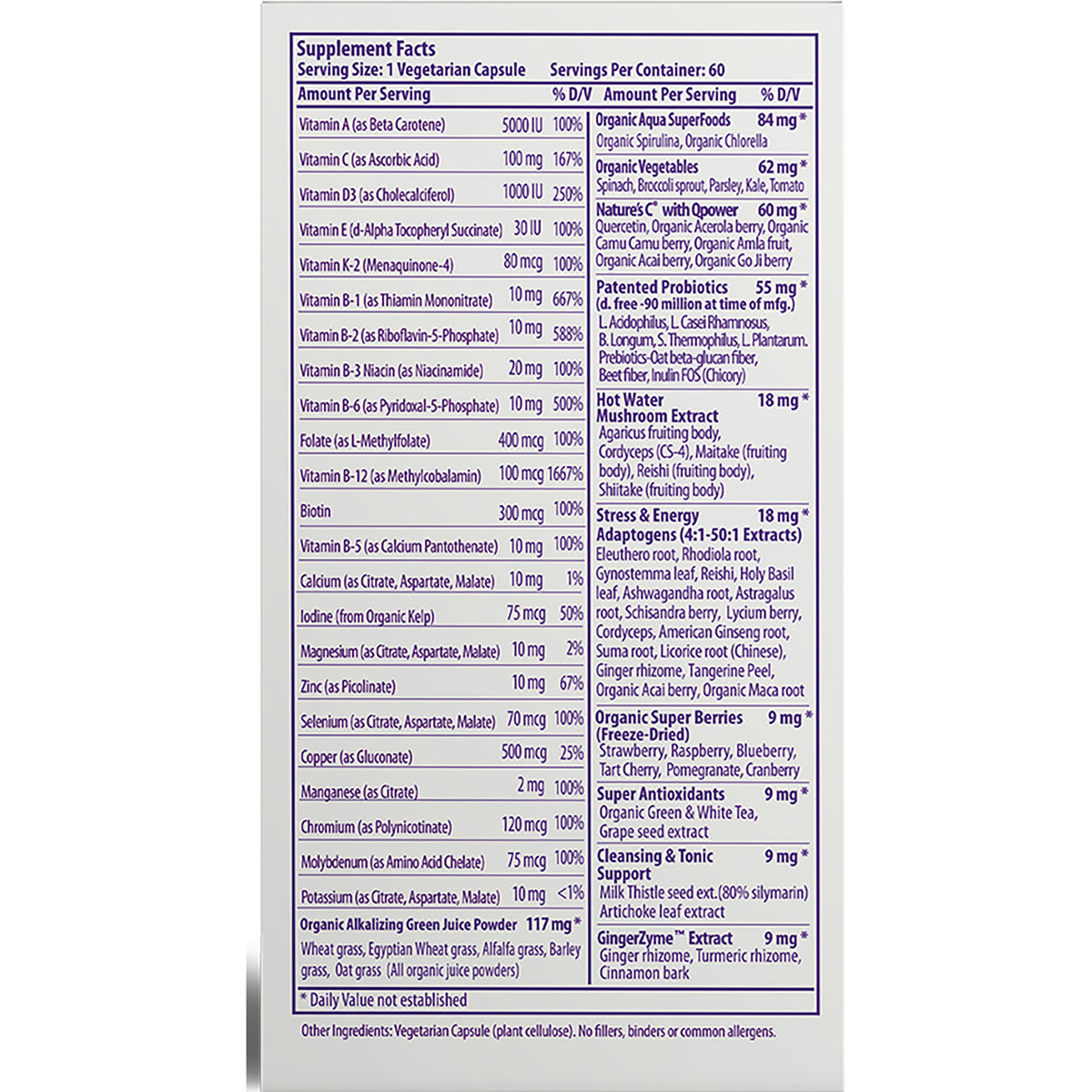 Supplement facts panel and ingredient list on the back of a white supplement bottle label
