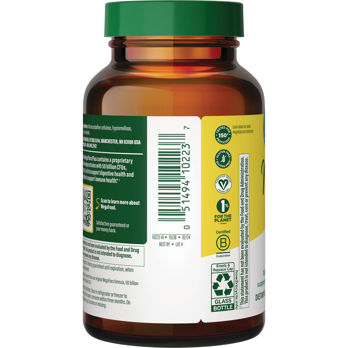 MGF061 | back label of amber supplement bottle showing barcode, certification icons and recycling symbol