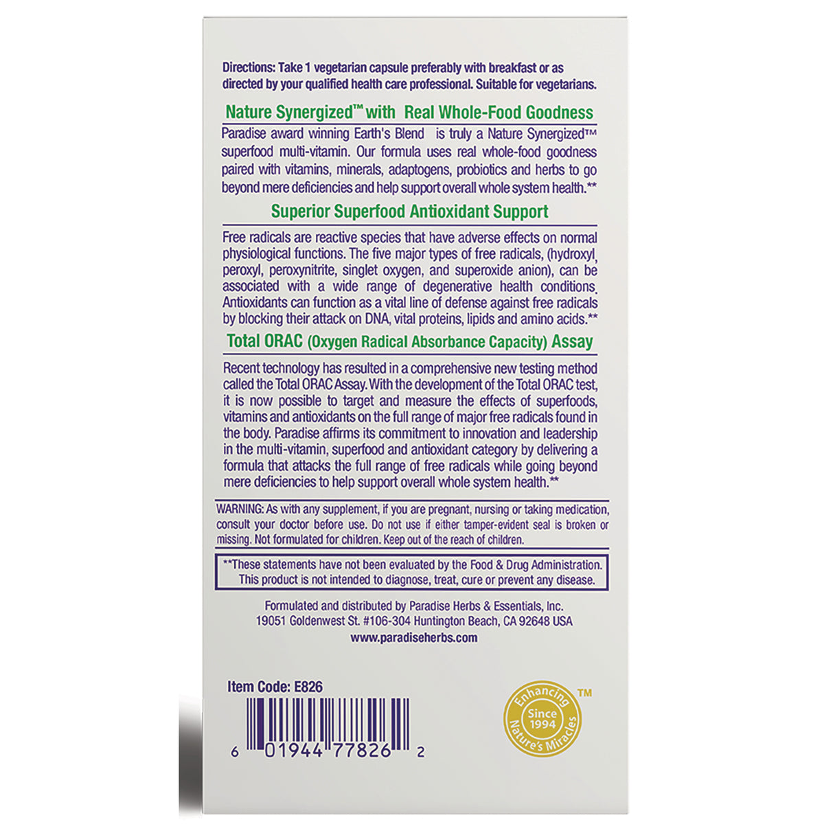 Back panel of Paradise Herbs supplement box with antioxidant claims, directions, warnings, and barcode