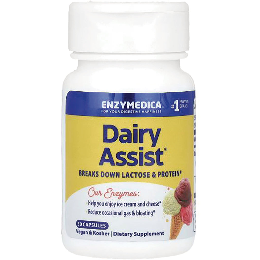 EMD056 | White bottle labeled Enzymedica Dairy Assist dietary supplement, 30 capsules, breaks down lactose & protein - Thumbnail