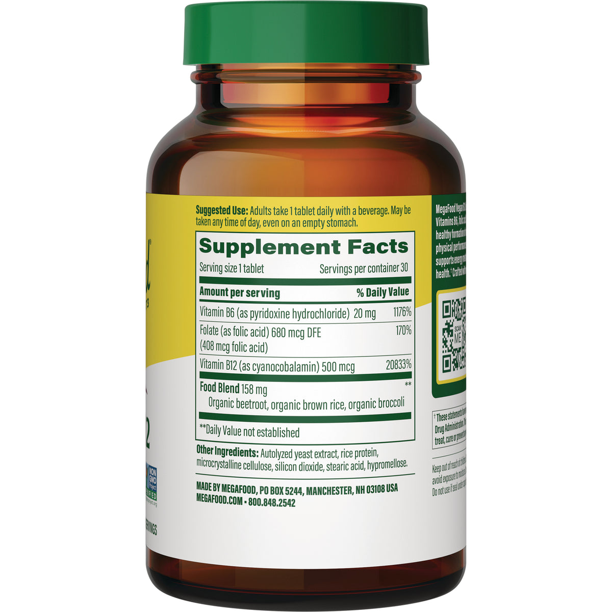 MGF022 | Back of amber supplement bottle showing Supplement Facts panel, ingredients list and QR code
