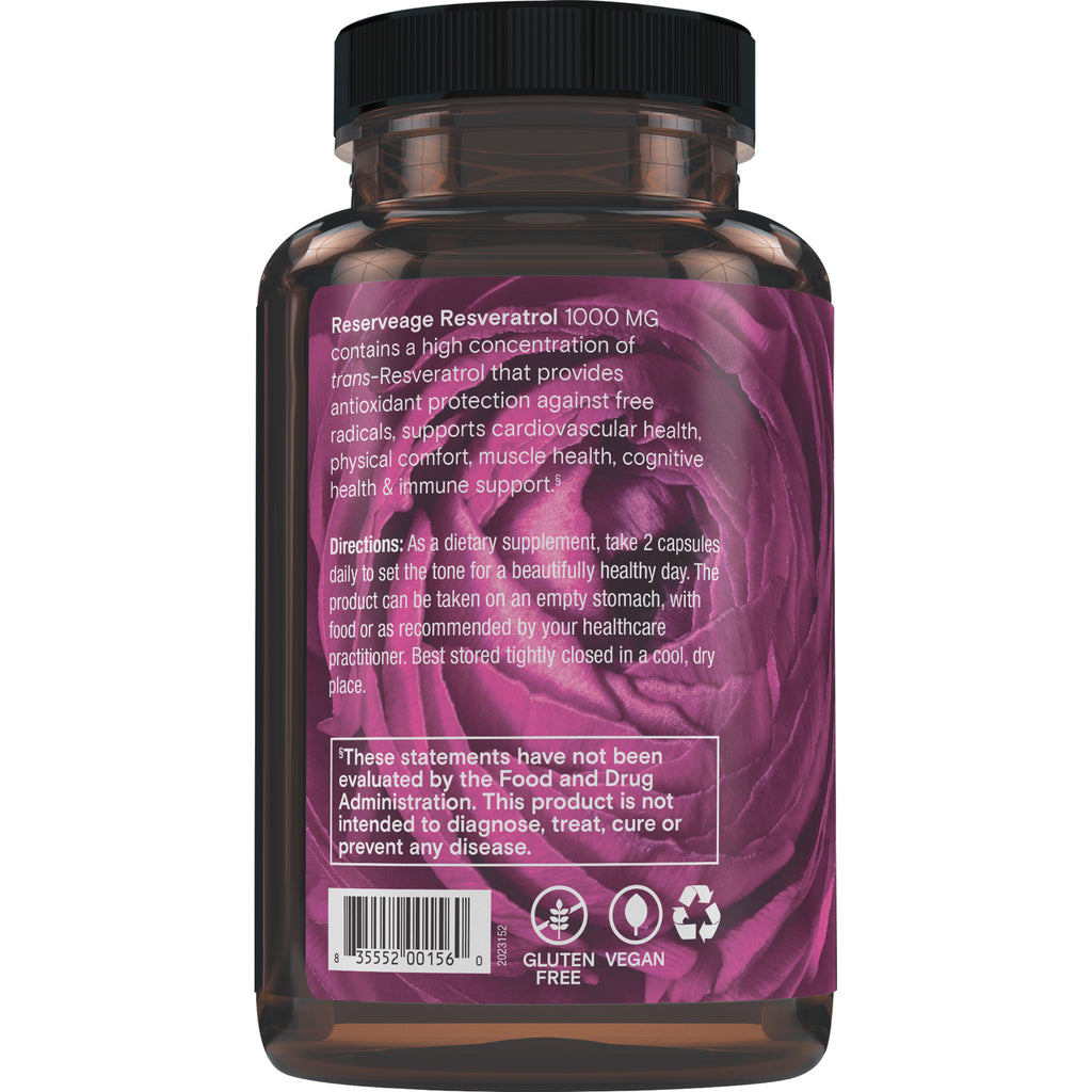 RSA039 | brown supplement bottle back label reading Reserveage Resveratrol 1000 MG, directions, barcode and gluten free and vegan icons - Thumbnail