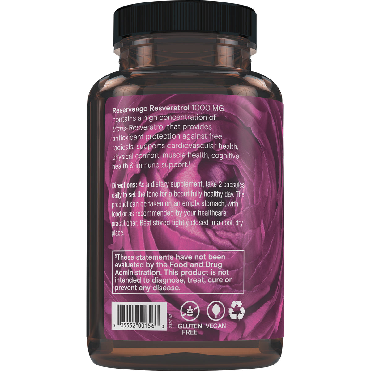 RSA039 | brown supplement bottle back label reading Reserveage Resveratrol 1000 MG, directions, barcode and gluten free and vegan icons
