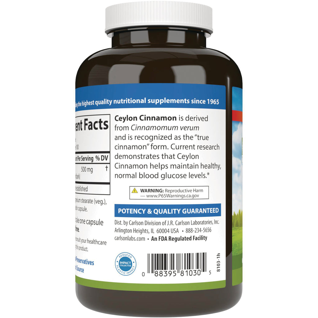 CSN268 | back label of supplement bottle showing Ceylon Cinnamon description, warning box, potency guarantee, and barcode - Thumbnail