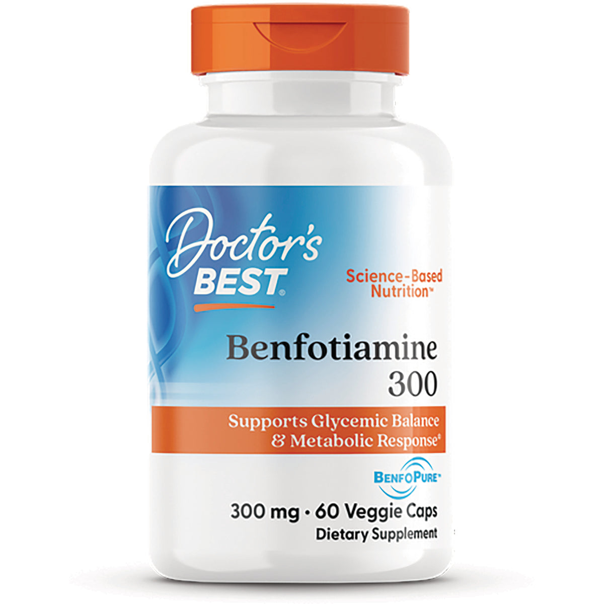 DB170 | Doctor's Best Benfotiamine 300 mg white bottle with orange cap, label states 300 mg  60 Veggie Caps