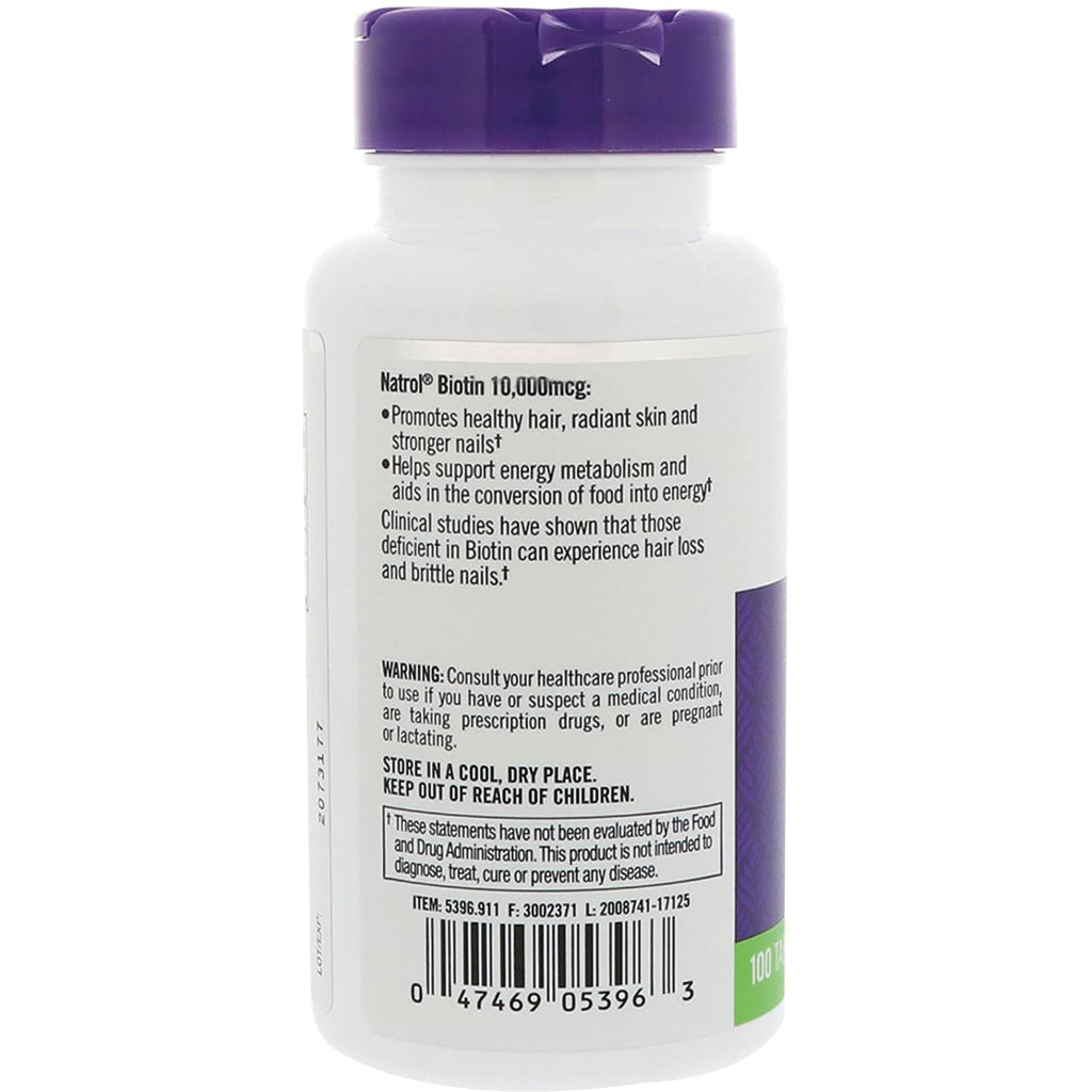 NA503 | Back of white supplement bottle with purple cap showing Natrol Biotin 10,000mcg label, warnings and barcode - Thumbnail