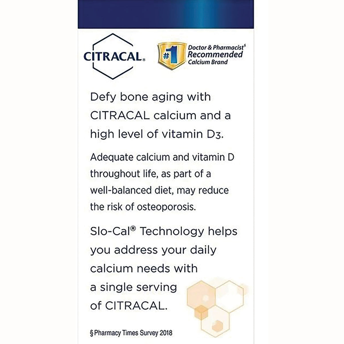 CCL004 | back panel of Citracal listing calcium and vitamin D3 benefits, Slo-Cal technology, and osteoporosis risk reduction