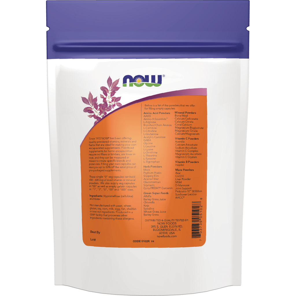 NWF1180 | Back of white and purple NOW Foods resealable pouch showing orange ingredient panel and barcode - Thumbnail