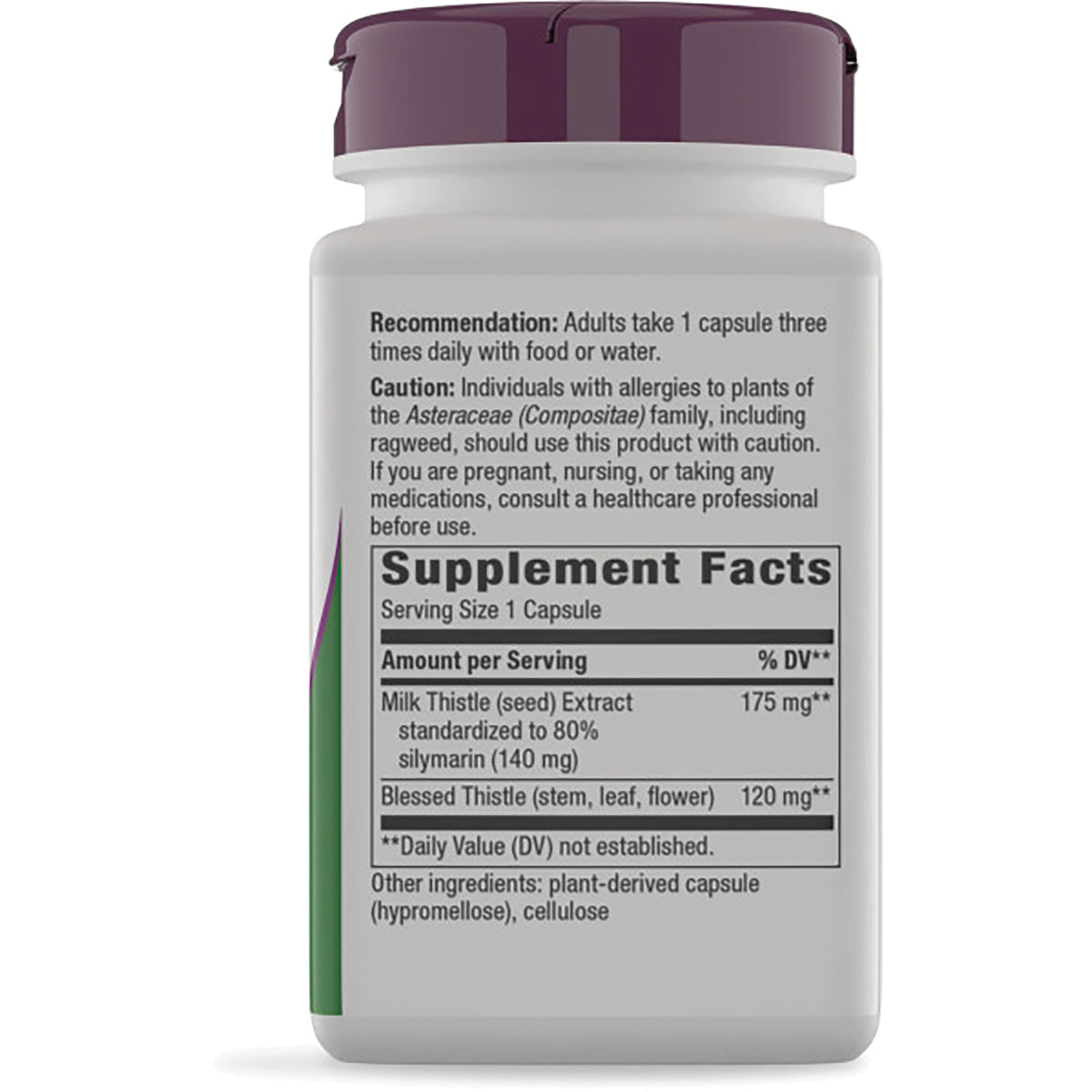 NW688 | back label of white supplement bottle showing Supplement Facts panel, serving size, milk thistle and blessed thistle ingredients
