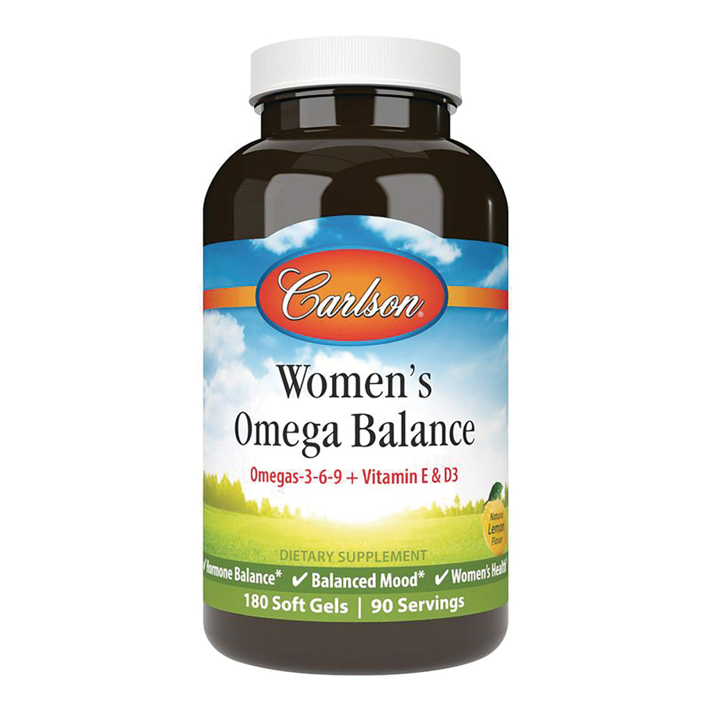 CSN333 | Carlson Women's Omega Balance bottle label, 180 soft gels, Omegas-3-6-9 with vitamin E & D3, lemon flavor - Thumbnail