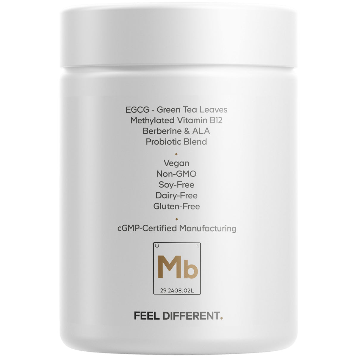 CDG036 | back of white supplement jar listing EGCG, methylated vitamin B12, probiotic blend and claims vegan, non-GMO, soy-free, dairy-free, gluten-free