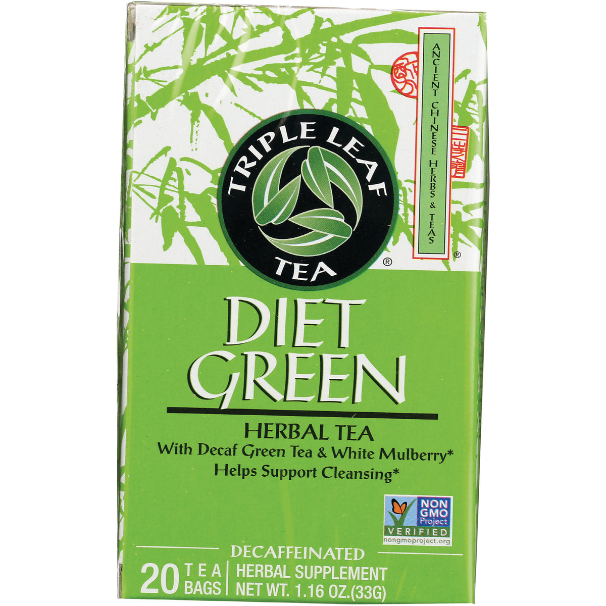 TLT003 | Triple Leaf Tea Diet Green herbal tea box, decaf, 20 tea bags, 1.16 oz