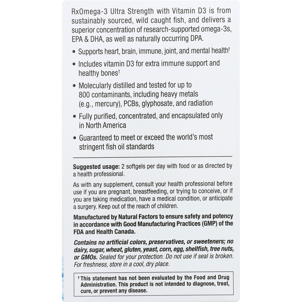 NFC118 | Back panel showing omega-3 with vitamin D3 benefits, suggested usage 2 softgels/day, manufacturing and allergen info