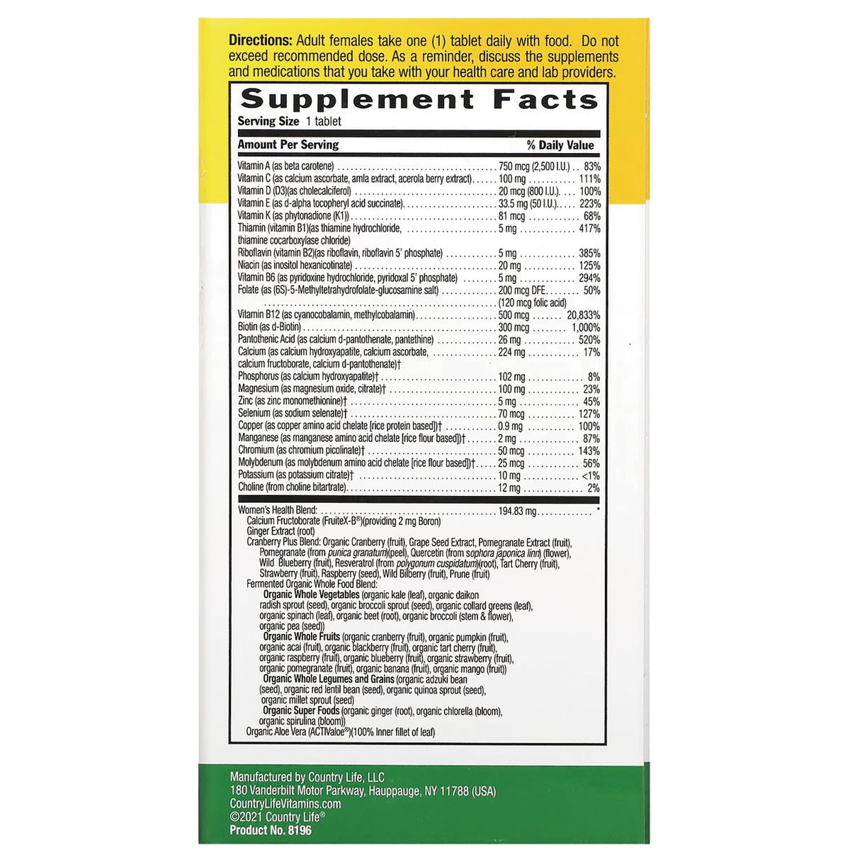 CRL530 | Supplement Facts nutrition panel and ingredients list on product back with directions and manufacturer info
