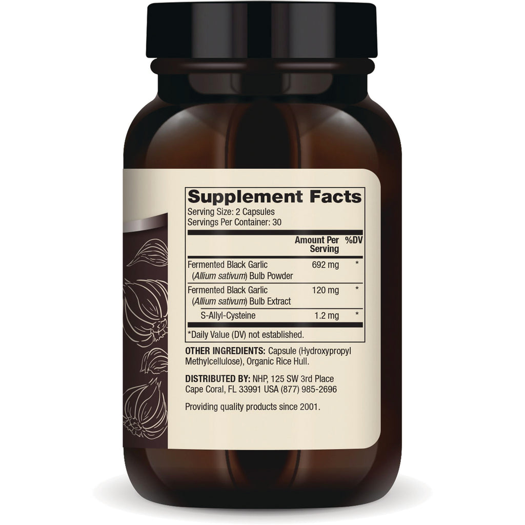 MRC055 | Back of brown supplement bottle showing Supplement Facts panel with fermented black garlic ingredients - Thumbnail