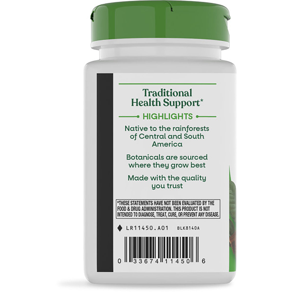NW469 | back label of supplement bottle reading Traditional Health Tonic and Cat's Claw description with barcode