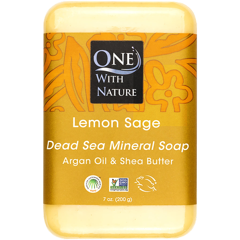 OWN009 | Front of Lemon Sage Dead Sea Mineral Soap bar packaging labeled ONE WITH NATURE, Argan Oil & Shea Butter, 7 oz - Thumbnail