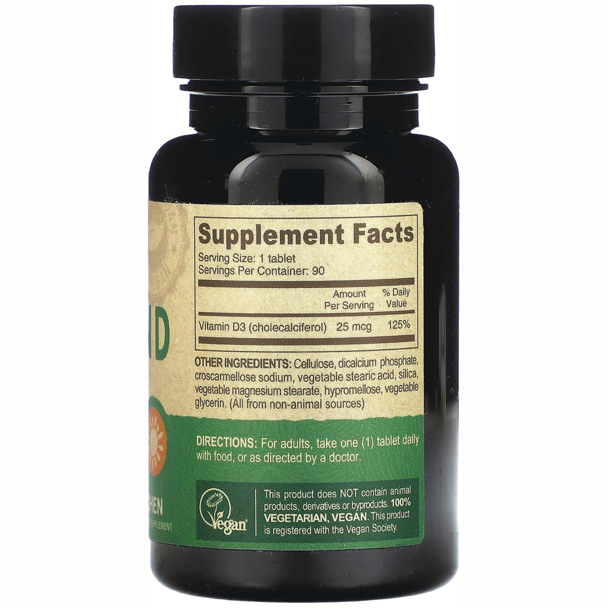 DEV043 | back of dark supplement bottle showing Supplement Facts panel, ingredients, directions and vegan logo
