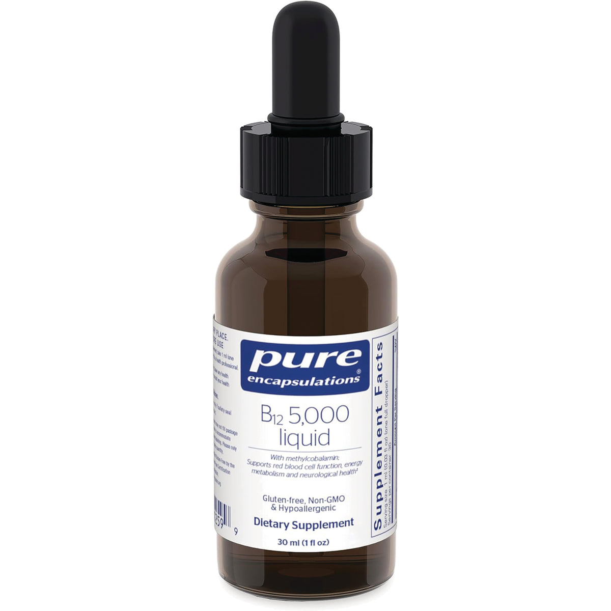 PRN010 | brown glass dropper bottle labeled pure encapsulations B12 5,000 liquid dietary supplement 30 ml