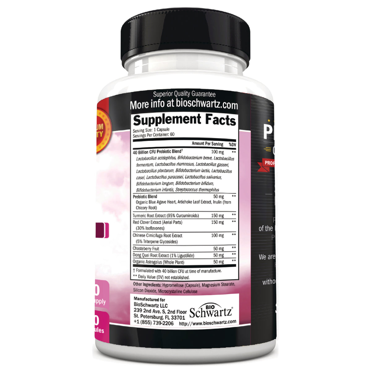 BSZ026 | Back label showing supplement facts panel and ingredient list on white bottle