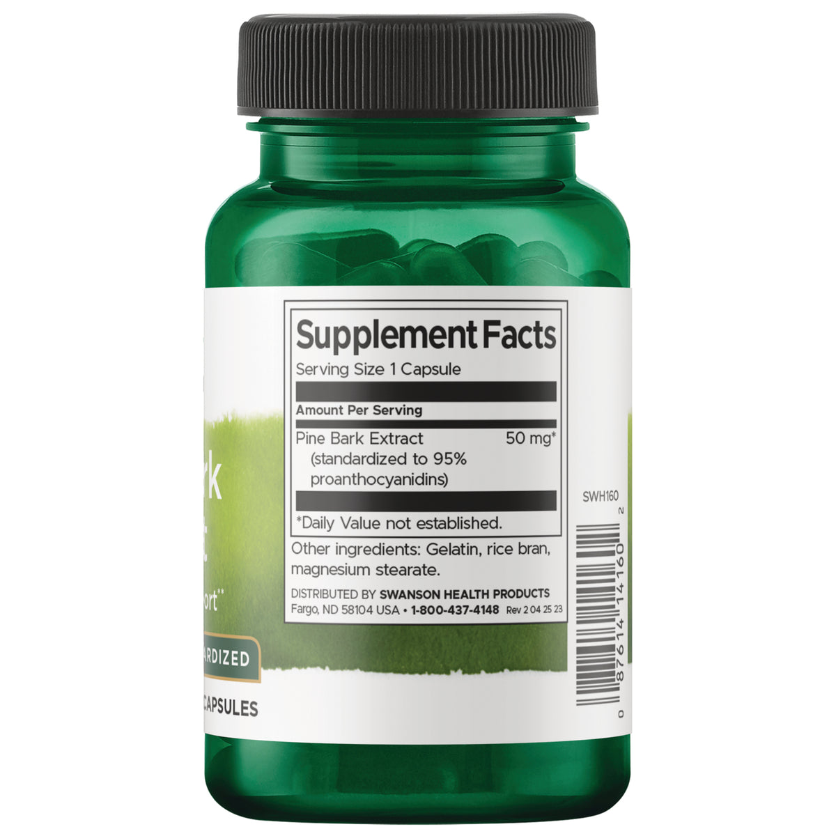 SWH160 | Back label with Supplement Facts for pine bark extract 50 mg; serving size 1 capsule; barcode on right