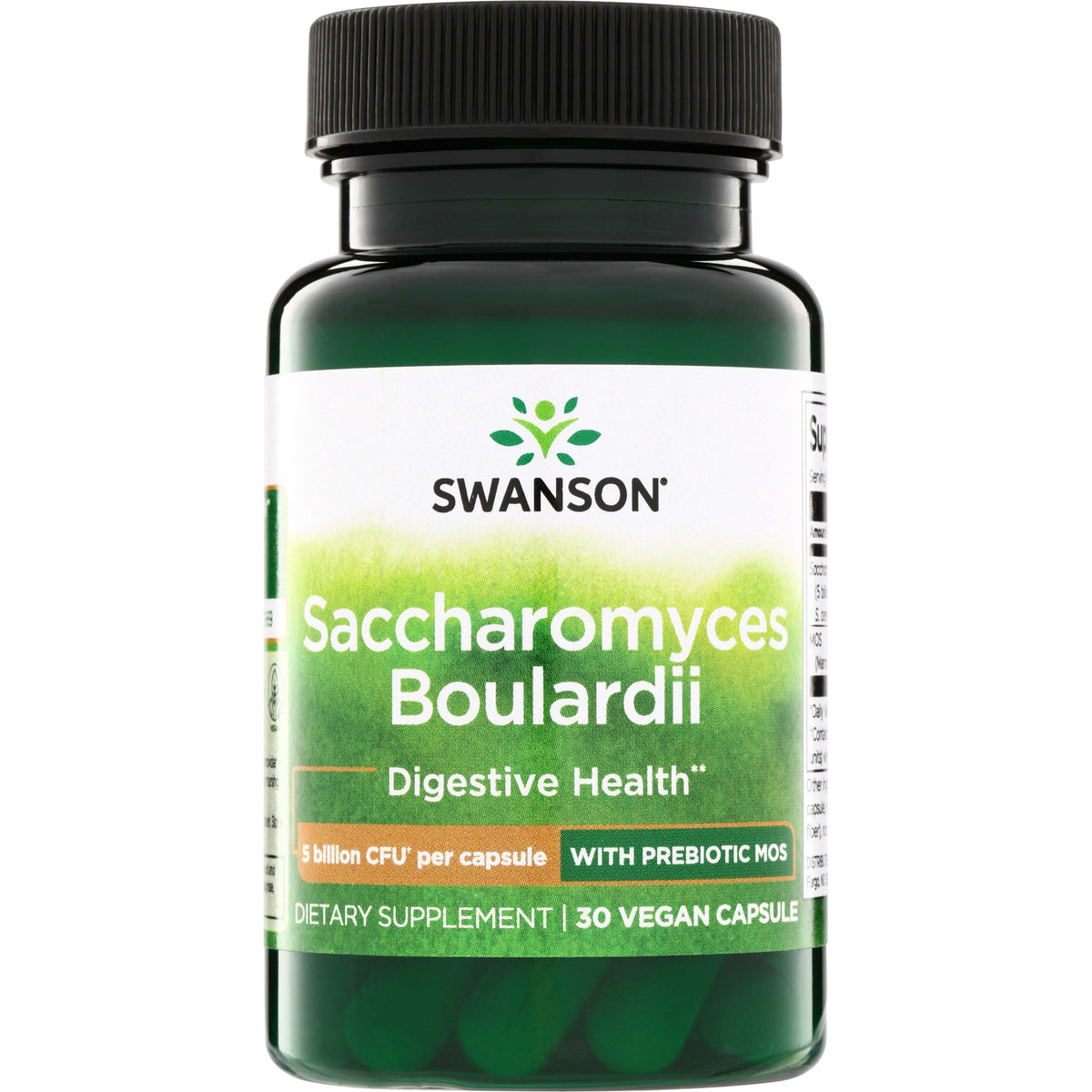 SWA012 | Swanson Saccharomyces boulardii supplement bottle, 30 vegan capsules, 5 billion CFU per capsule with prebiotic MOS
