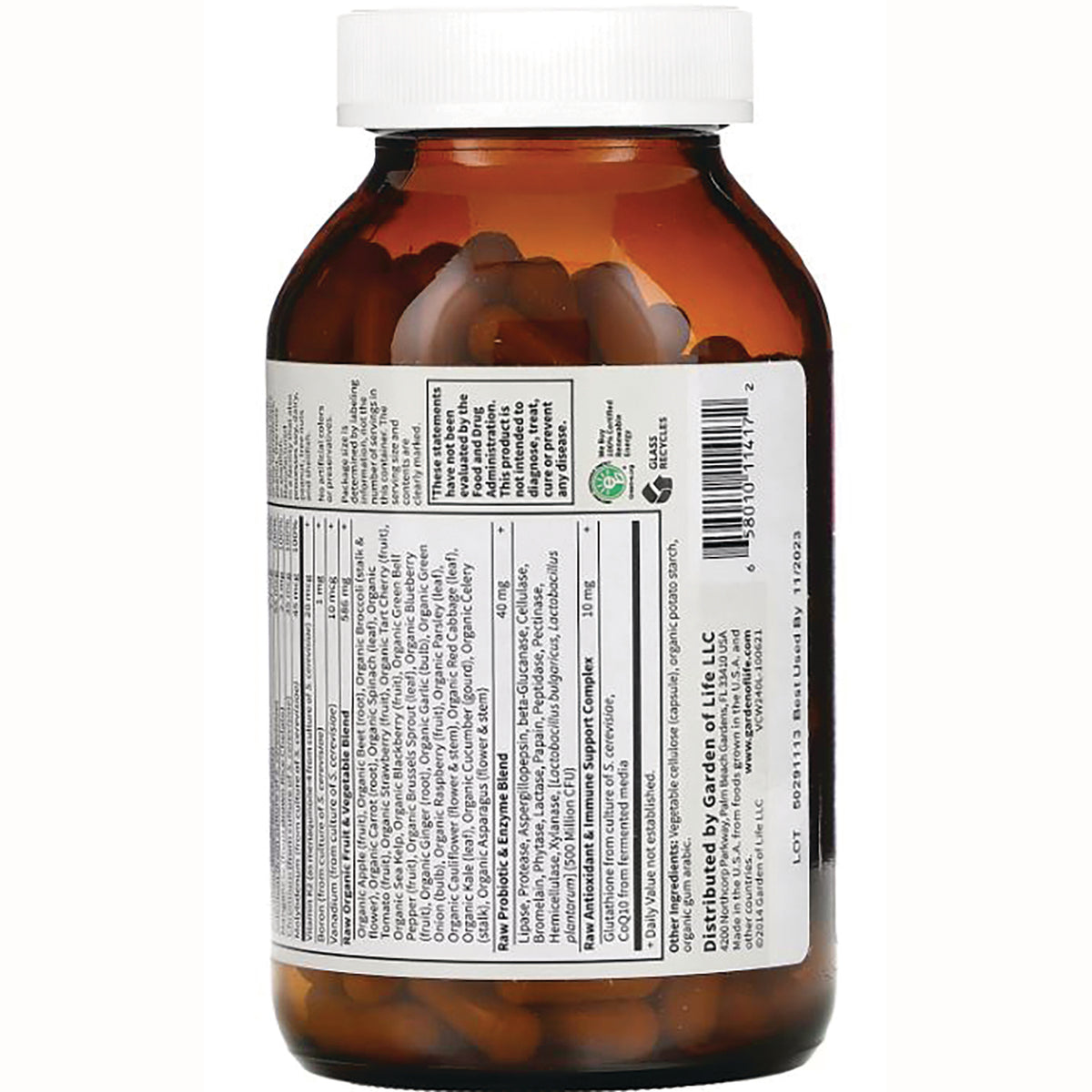 GLF105 | Back of brown supplement bottle showing supplement facts label, barcode and visible capsules