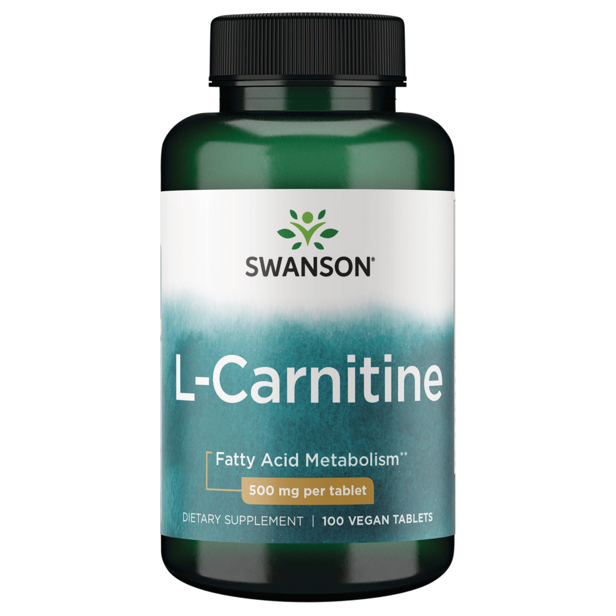 SW1001 | Swanson L-Carnitine 500 mg per tablet, 100 tablets dietary supplement bottle, front label