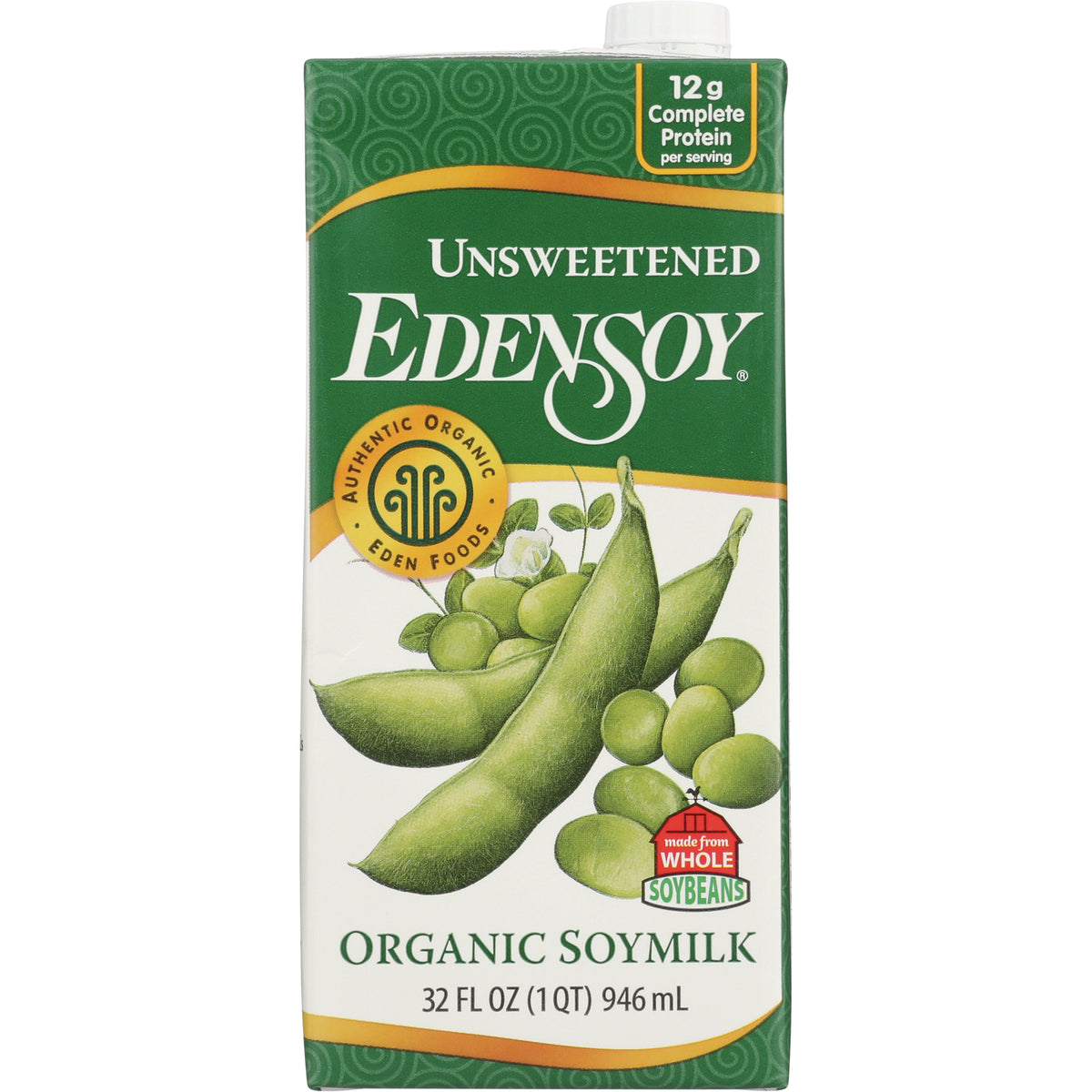 EDF061 | Unsweetened EDENSOY organic soymilk carton, 32 fl oz, green packaging with soy pod illustration