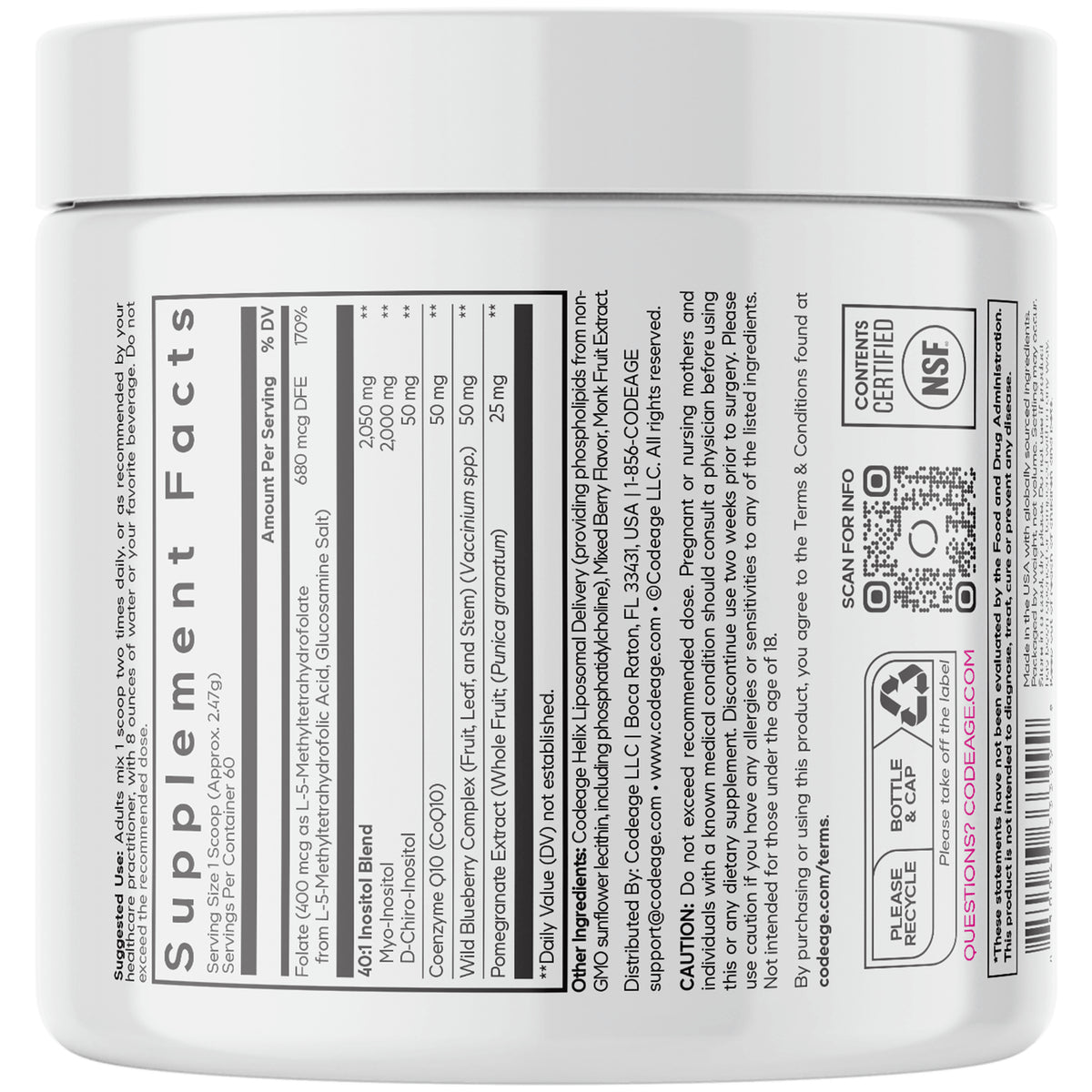 CDG064 | Back label showing Supplement Facts panel, ingredients, and barcode on white supplement jar