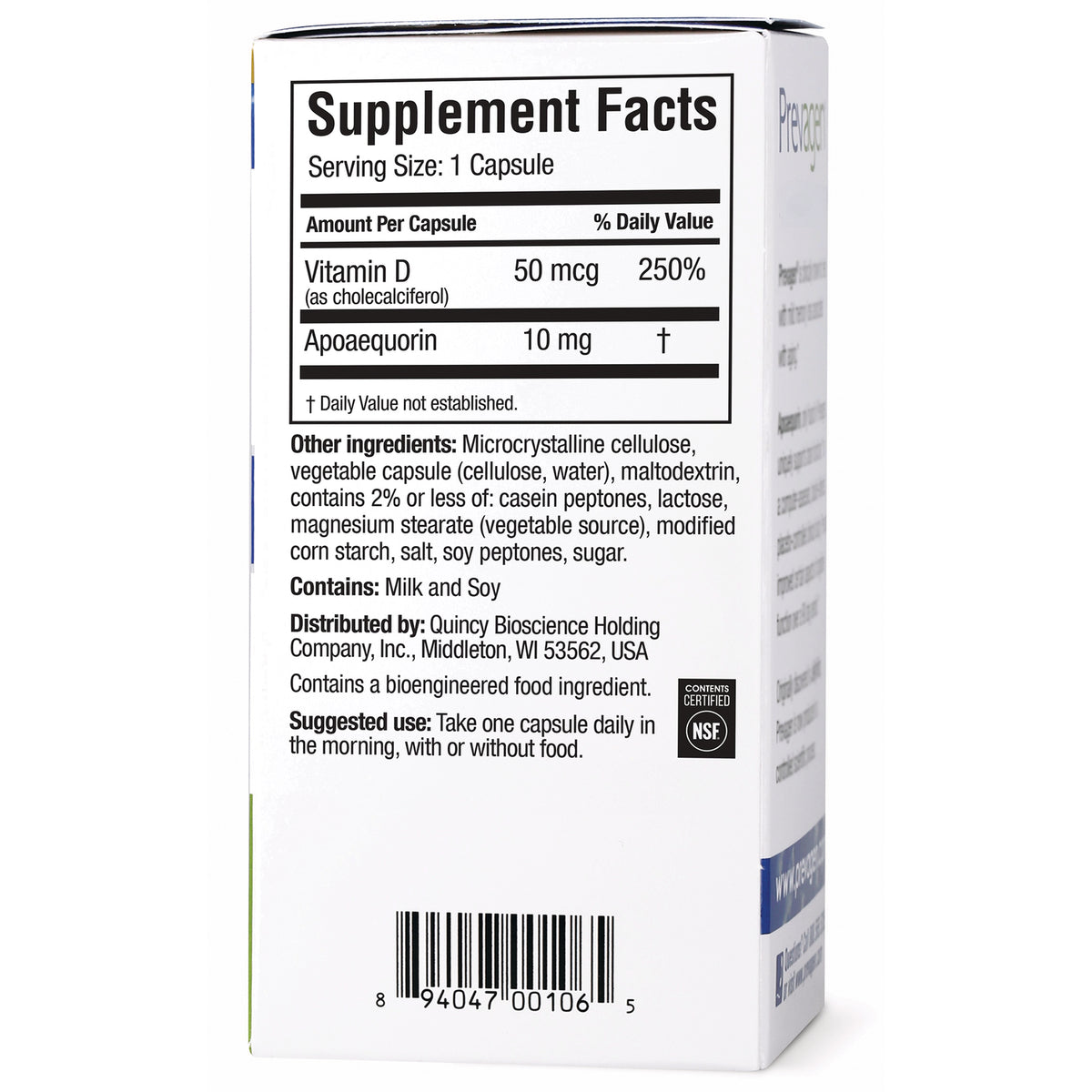QB006 | back of supplement box showing Supplement Facts panel listing Vitamin D 50 mcg and Apoaequorin 10 mg, ingredients and barcode