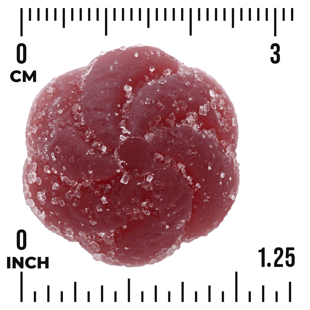 SW1904 | Red sugar-coated gummy form shown with size scale in cm and inches - Thumbnail