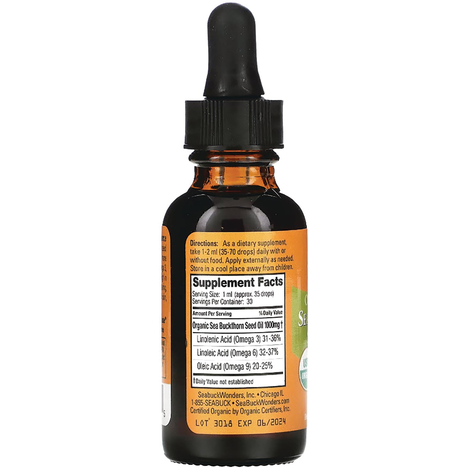SBW004 | Back label showing Supplement Facts and directions on amber dropper bottle