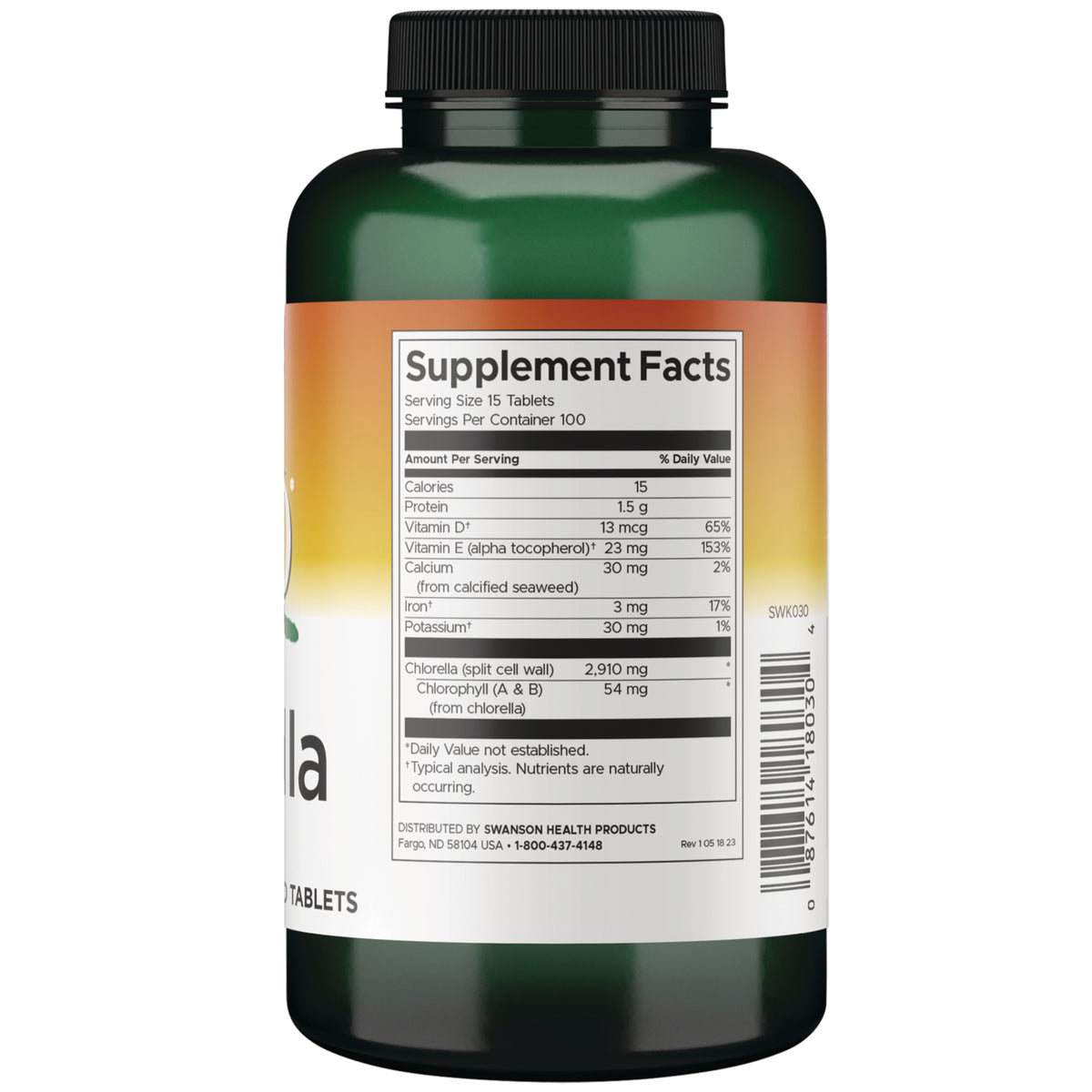 SWK030 | Back of supplement bottle showing Supplement Facts panel and barcode