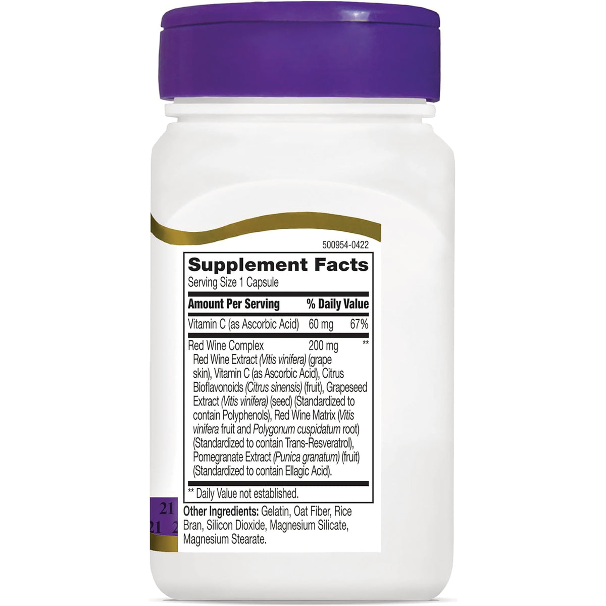 CNT211 | Back of white supplement bottle with purple cap showing Supplement Facts: Serving Size 1 Capsule; Vitamin C 60 mg; Red Wine Complex 200 mg