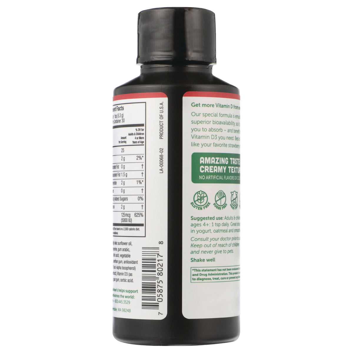 BAR105 | Back label of supplement bottle showing nutrition facts panel, barcode, and suggested use text