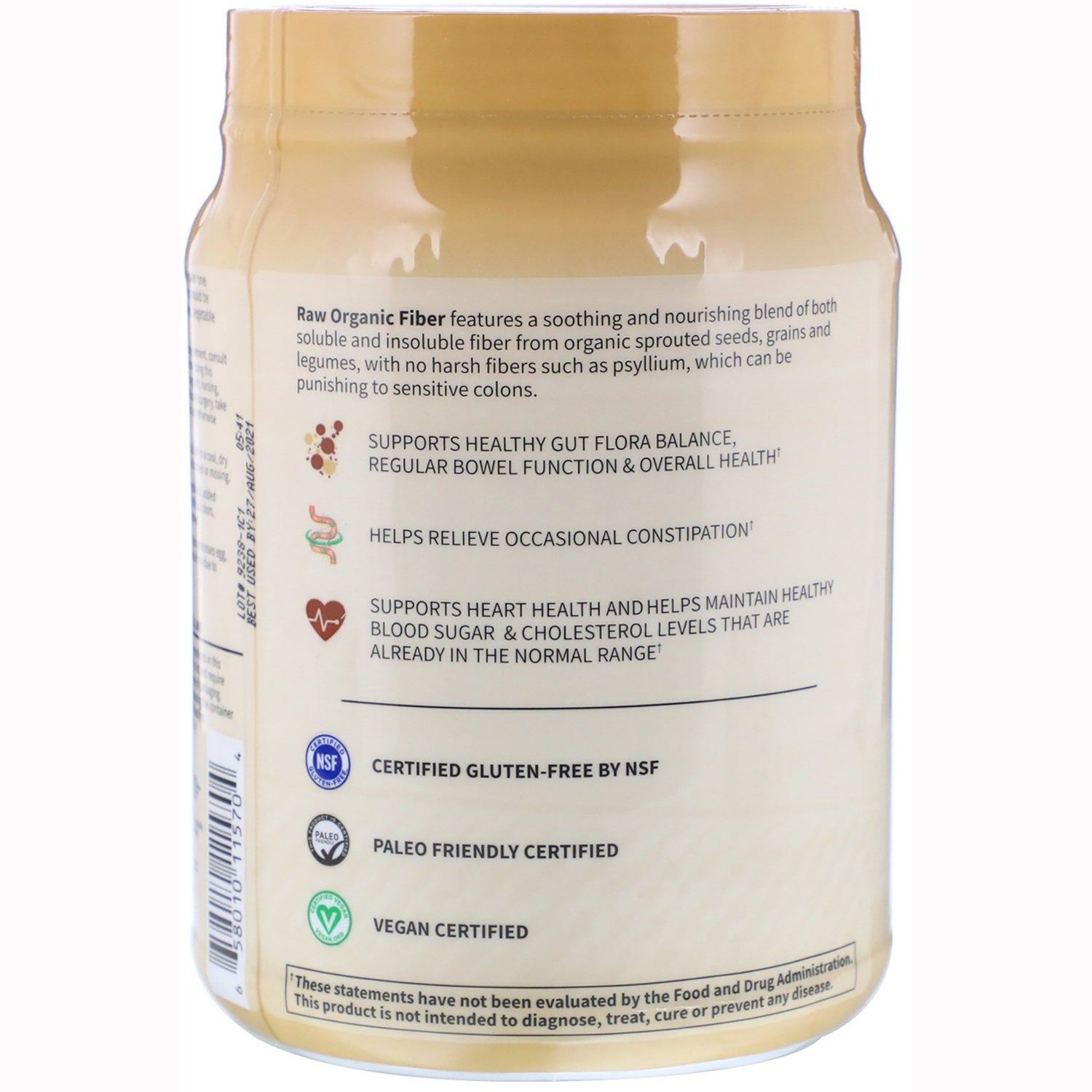 GLF121 | back label of Raw Organic Fiber powder listing benefits and certifications Certified Gluten-Free, Paleo friendly, Vegan certified